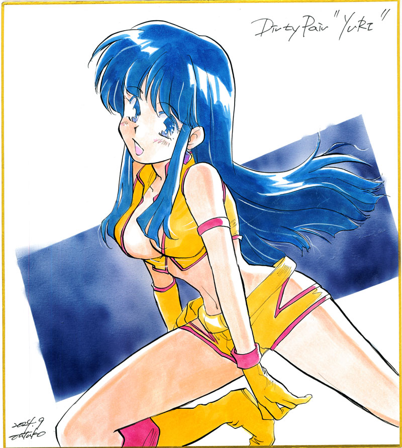 1girl, blue_eyes, blue_hair, boots, breasts, character_name, cleavage, copyright_name, cropped_jacket, dated, dirty_pair, gloves, knee_boots, long_hair, looking_at_viewer, midriff, navel, open_mouth, otutomoyu_1, shorts, signature, solo, yellow_boots, yellow_gloves, yellow_shorts, yuri_(dirty_pair)