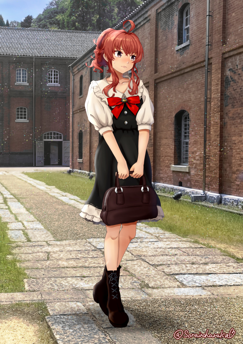 1girl, absurdres, ahoge, alternate_costume, alternate_hairstyle, arashi_(kancolle), bag, black_boots