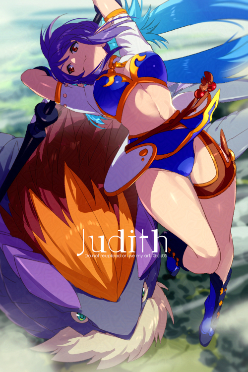 1girl, baul_(tales), blurry, blurry_background, breasts, character_name, closed_mouth, commentary_request