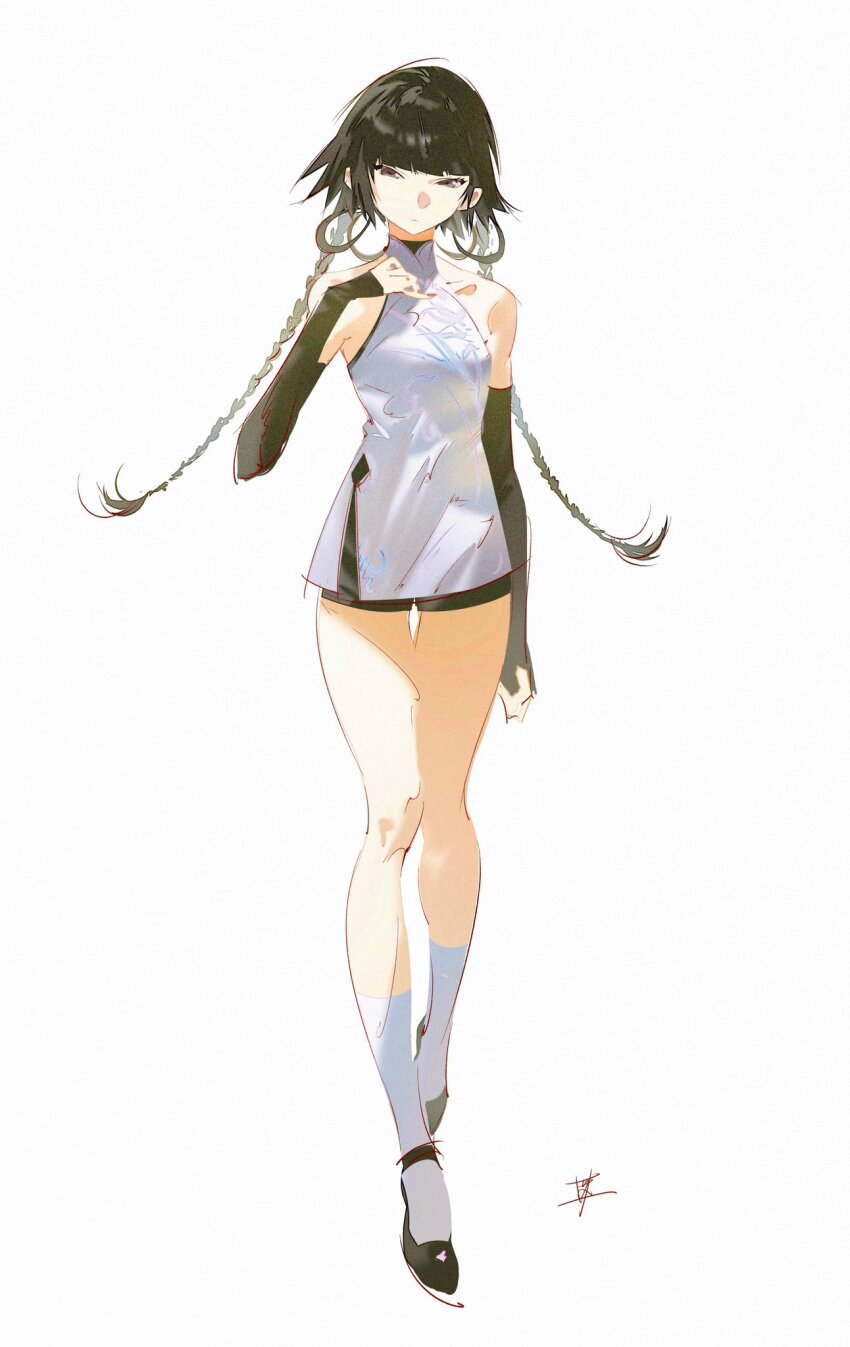 1girl, black_footwear, black_gloves, black_hair, black_shorts, bleach, braid, bridal_gauntlets