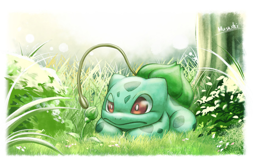 border, bright_pupils, bulbasaur, closed_mouth, commentary_request, day, gen_1_pokemon, grass