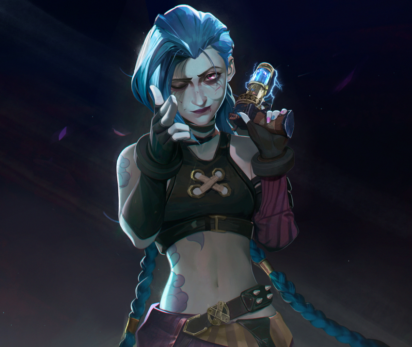 1girl, arcane:_league_of_legends, arcane_jinx, arm_tattoo, black_gloves, blue_hair, braid, closed_mouth