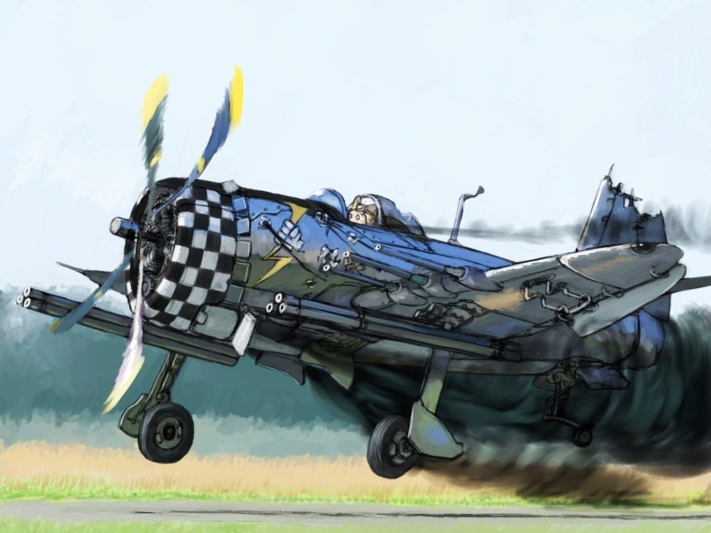 1girl, aircraft, airplane, damaged, landing, military, military_vehicle, original, p-47_thunderbolt, propeller_fighter, smoke, vehicle_focus, y_(khakiyawn)