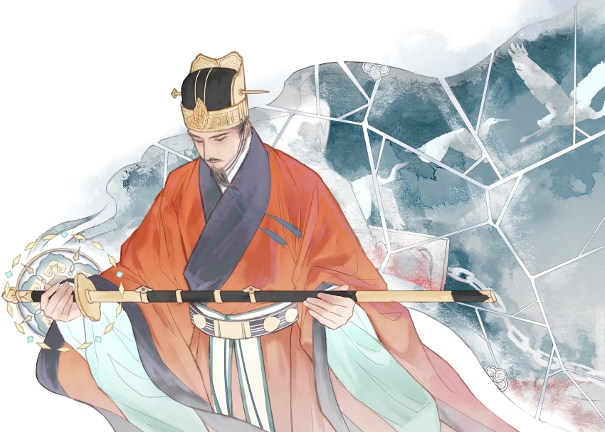 1boy, beard, bird, chinese_clothes, closed_eyes, dongpo_jin_(headwear), egret_(animal), facial_hair