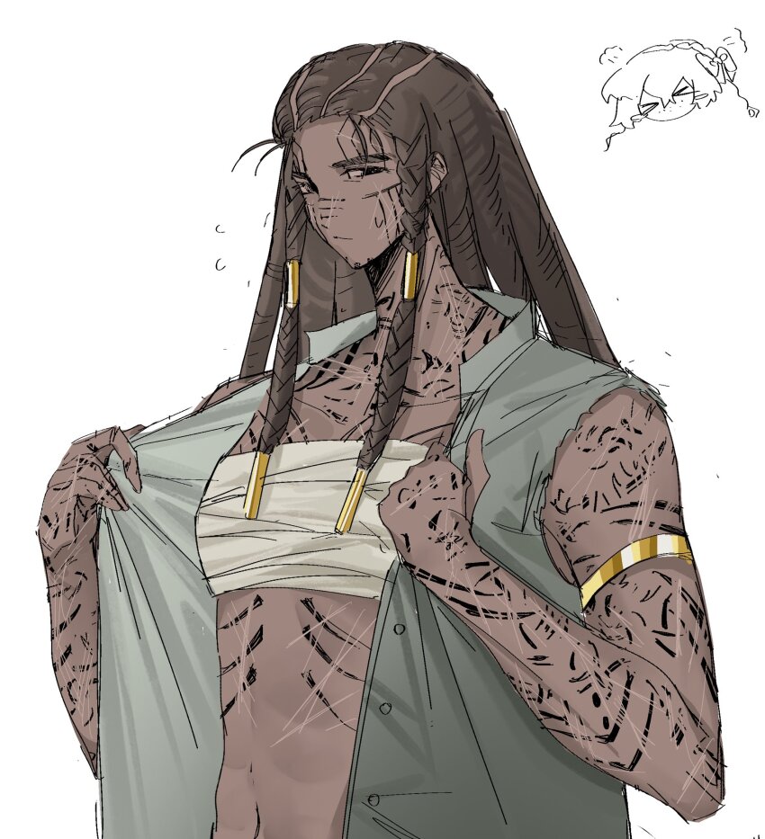 >_<, 2girls, arm_tattoo, armlet, bandages, blush_stickers, bow, braided_dreadlocks, brown_hair, chest_sarashi, chest_tattoo, collared_shirt, dark-skinned_female, dark_skin, doodle_inset, facial_tattoo, freckles, hair_bow, highres, humian0101, ishmael_(project_moon), jewelry, limbus_company, multiple_girls, open_clothes, open_shirt, project_moon, queequeg_(project_moon), sarashi, scar, scar_on_arm, scar_on_chest, scar_on_face, shirt, simple_background, sleeveless, sleeveless_shirt, solo_focus, tattoo, torn_off_sleeves, white_background