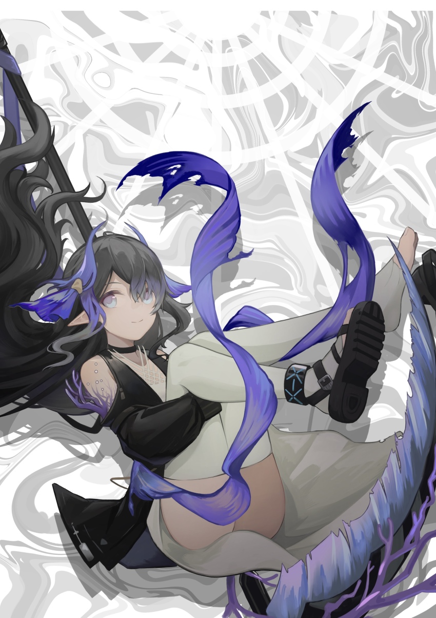 1girl, abstract_background, absurdres, arknights, ass, black_hair, black_jacket, blue_eyes