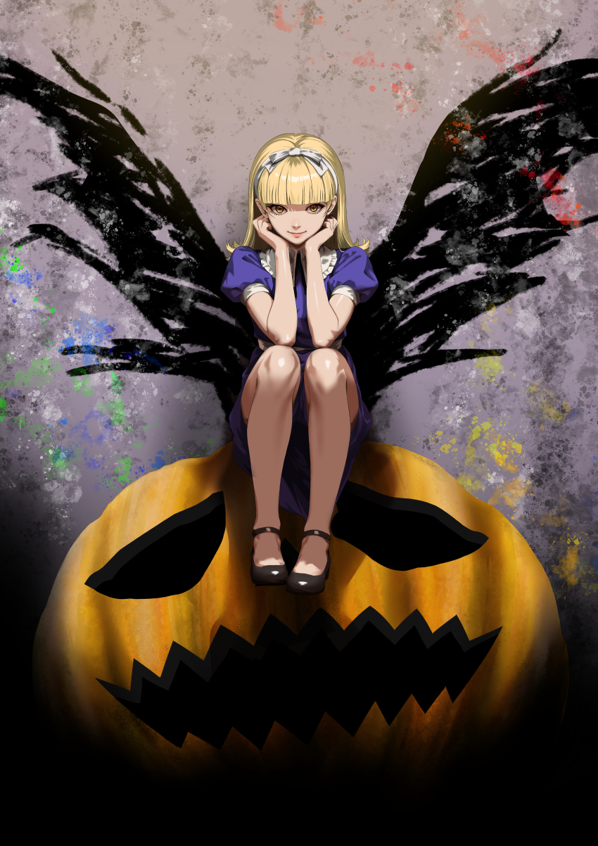 1girl, absurdres, alice_(megami_tensei), blonde_hair, blue_dress, blunt_bangs, commentary, demon_(megami_tensei), demon_girl, drawn_wings, dress, elbows_on_knees, eyelashes, flipped_hair, graffiti, hair_ribbon, hairband, halloween, hands_on_own_face, highres, knees, knees_up, long_hair, looking_at_viewer, macossa, mary_janes, on_pumpkin, pink_lips, puffy_short_sleeves, puffy_sleeves, ribbon, shin_megami_tensei, shoes, short_dress, short_sleeves, sitting, smile, solo, white_hairband, yellow_eyes
