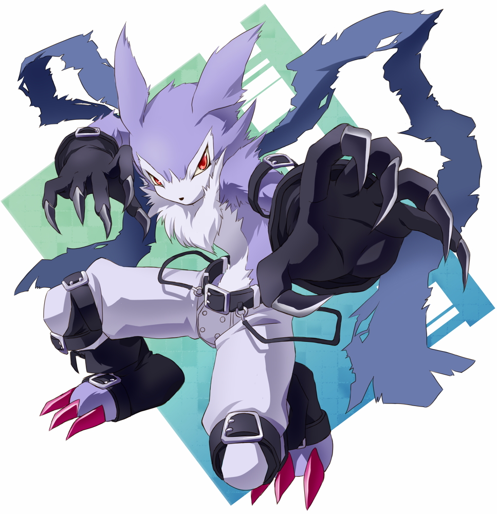 00s, animal_ears, armband, bad_id, bad_pixiv_id, belt, black_gloves, claws, digimon, digimon_(creature), digimon_frontier, fighting_stance, gloves, mochimako_(mushikera_hoi2), no_humans, pants, red_eyes, solo, strabimon, torn_clothes