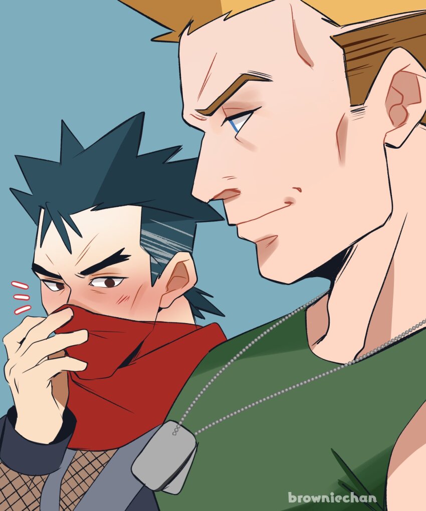 2boys, black_eyes, black_hair, blonde_hair, blue_background, blue_eyes, blush, closed_mouth