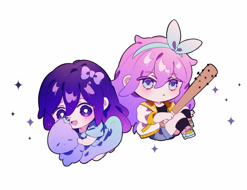 2girls, :d, aqua_eyes, aqua_hairband, aubrey_(faraway)_(omori), aubrey_(headspace)_(omori), aubrey_(omori), baseball_bat, black_shirt, black_socks, blue_dress, blue_hairband, bow, bright_pupils, chibi, chibi_only, denim, double-parted_bangs, dress, dual_persona, full_body, hair_between_eyes, hair_bow, hairband, highres, holding, holding_baseball_bat, holding_stuffed_toy, jacket, kneehighs, long_hair, looking_at_viewer, ma2uwa, mr._plantegg_(omori), multiple_girls, nail_(hardware), nail_bat, omori, open_clothes, open_jacket, open_mouth, orange_sailor_collar, purple_bow, purple_eyes, purple_hair, sailor_collar, shirt, shoes, short_sleeves, simple_background, smile, sneakers, socks, sparkle, stuffed_eggplant, stuffed_toy, third-party_source, tongue, white_background, white_jacket, white_pupils