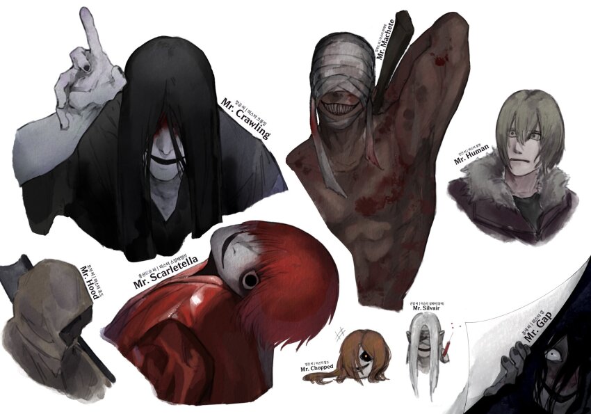 6+boys, axe, bandaged_head, bandages, black_hair, black_kimono, black_nails, blonde_hair