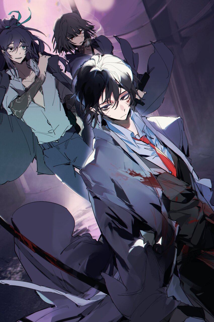 1girl, 2boys, aqua_ribbon, arm_tattoo, belt, black_eyes, black_hair, black_jacket, black_kimono, black_pants, black_robe, black_vest, blade_lineage_(identity)_(project_moon), blood, blood_on_clothes, blood_on_face, bloody_weapon, blue_eyes, chest_tattoo, cigarette, closed_mouth, collared_shirt, grey_shirt, hair_ribbon, hand_on_own_shoulder, heterochromia, highres, holding, holding_sword, holding_weapon, hong_lu_(project_moon), jacket, jacket_on_shoulders, japanese_clothes, kimono, korean_commentary, kurokumo_clan_(identity)_(project_moon), limbus_company, long_hair, long_sleeves, multiple_boys, neck_tattoo, necktie, open_clothes, open_shirt, pants, project_moon, red_eyes, red_necktie, ribbon, robe, ryoshu_(project_moon), scar, scar_on_face, shirt, short_hair, smile, smoke, smoking, sword, tattoo, trashdrk, vest, weapon, white_shirt, wide_sleeves, yi_sang_(project_moon)