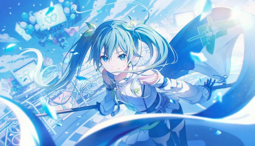 1girl, aqua_eyes, aqua_hair, armpit_crease, arms_at_sides, balloon, banner, bare_shoulders