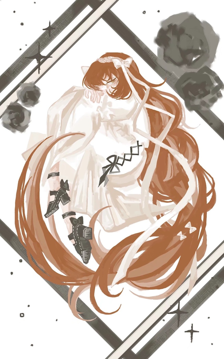 1girl, black_flower, black_footwear, black_rose, bow, dress, fetal_position, flower