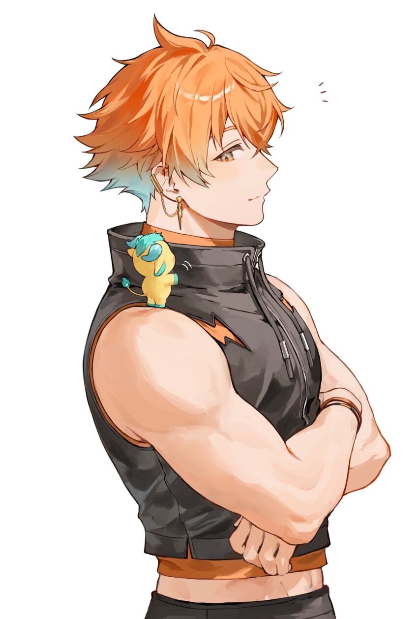 1boy, :3, ahoge, aqua_hair, biceps, bracelet, closed_mouth, commentary
