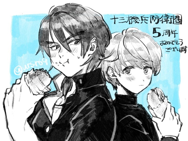 2boys, anniversary, blue_background, blush, eating, food, food_on_face, gakuran