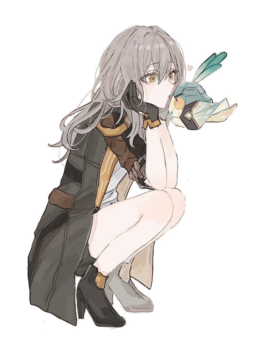 1girl, ankle_boots, bird, black_boots, black_gloves, black_jacket, black_skirt, boots