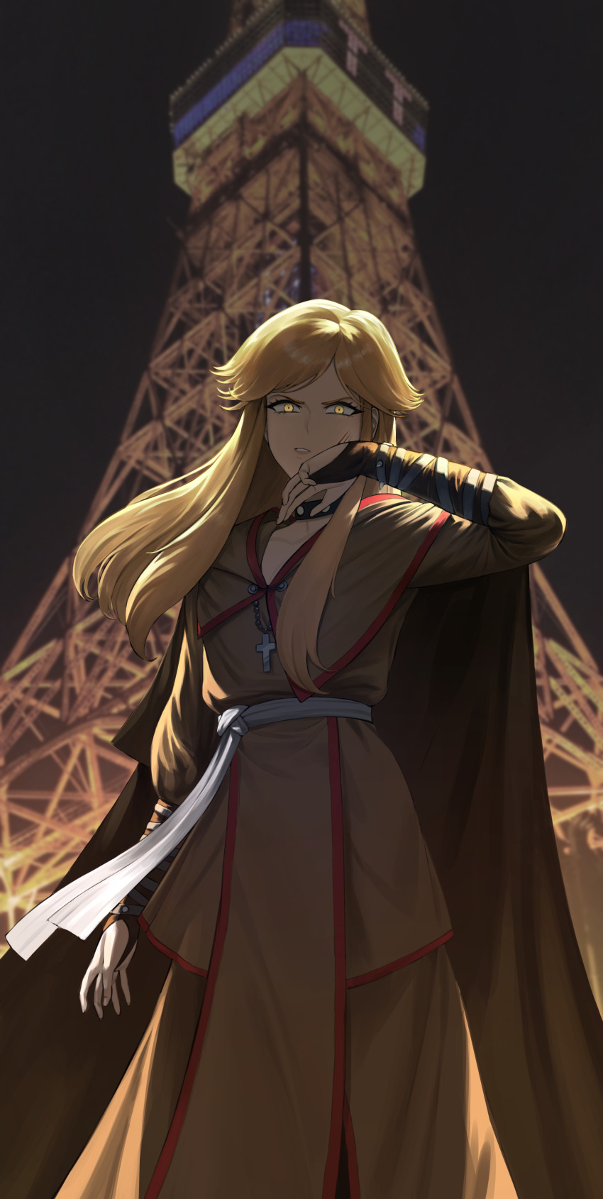 1girl, absurdres, battle_damage, blonde_hair, blood, dress, glaring, highres
