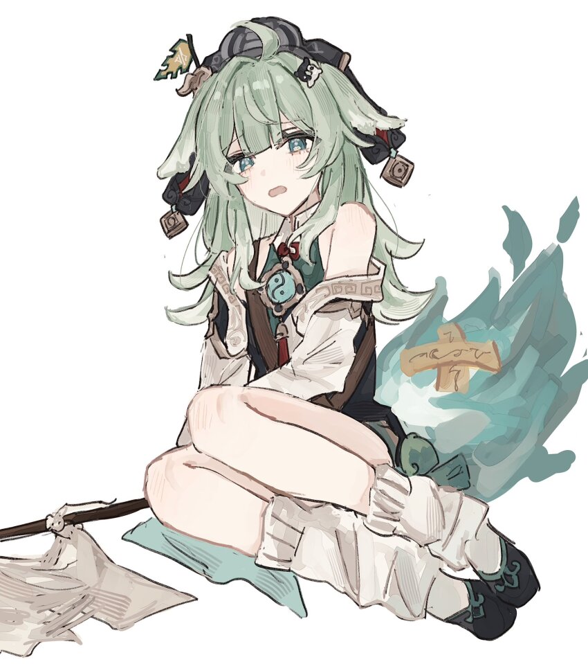 1girl, ahoge, animal_ears, bare_shoulders, black_footwear, black_hat, detached_sleeves, dianzi