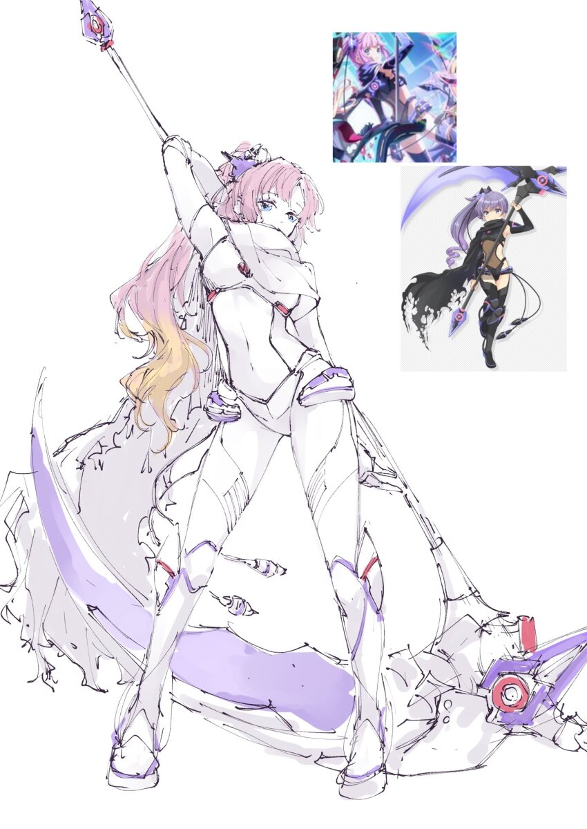 1girl, anyoji_hime, arm_up, black_leotard, blonde_hair, blue_eyes, blunt_bangs, breasts