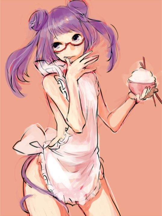ac_japan, aisatsu_no_mahou, apron, bad_id, bad_pixiv_id, bowl, chopsticks, double_bun, glasses, itadaki_mouse, matsushita_mino, mouse_tail, naked_apron, personification, purple_eyes, purple_hair, rice, rice_bowl, sketch, solo, tail, tongue