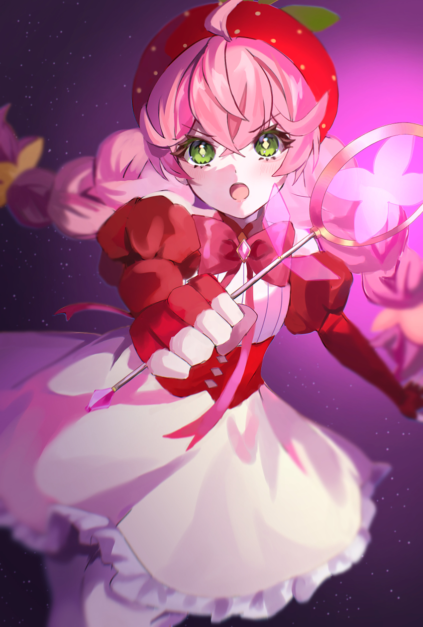 1girl, acro_trip, ahoge, berry_blossom, bow, bowtie, braid, commentary_request