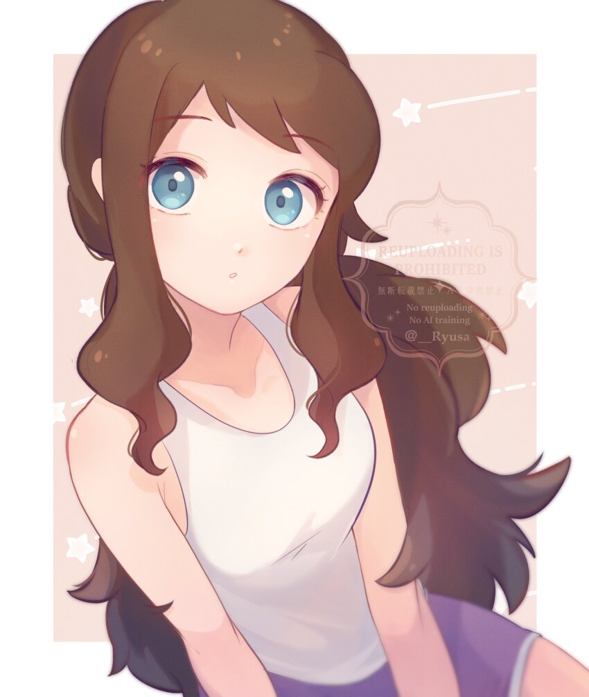 1girl, absurdres, alternate_costume, aqua_eyes, border, brown_hair, commentary_request, head_tilt