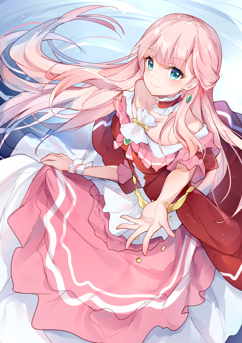 1girl, absurdres, aqua_eyes, bare_shoulders, closed_mouth, commentary_request, detached_collar, dress