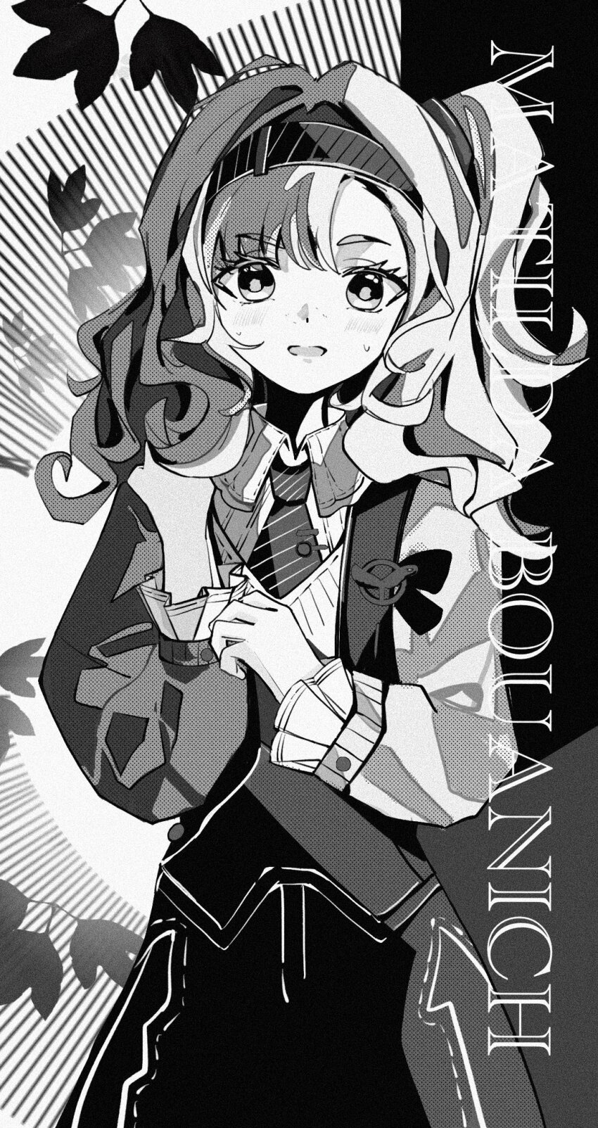1girl, adjusting_sleeves, asymmetrical_bangs, character_name, collared_shirt, greyscale, hairband, hand_up
