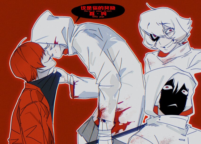 1boy, 1girl, assertive_female, bilingual_text, blood, blood_on_clothes, chinese_text, coat
