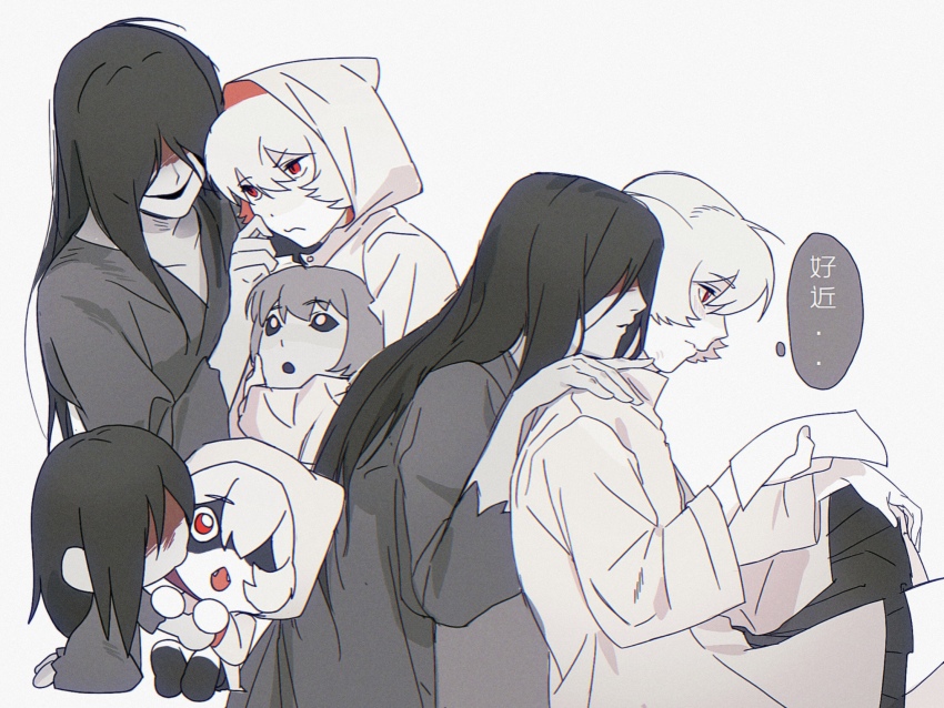 1girl, 2boys, black_hair, blood, blood_on_face, cheek_pull, chinese_commentary, chinese_text