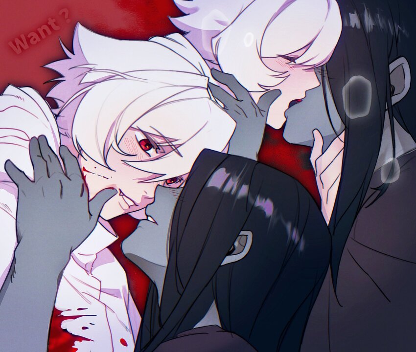 1boy, 1girl, black_hair, black_kimono, blood, blood_on_clothes, blush, chinese_commentary, commentary_request, english_text, fang, french_kiss, adashino_adami, hetero, highres, homicipher, japanese_clothes, kimono, kiss, long_hair, looking_at_another, mr._crawling, multiple_views, raincoat, red_background, red_eyes, ru2786764357, short_hair, white_hair, white_raincoat