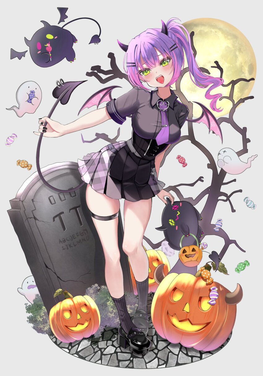 1girl, bare_tree, bibi_(tokoyami_towa), black_corset, black_nails, blunt_bangs, blush, breasts, candy, collared_shirt, commentary, corset, demon_girl, demon_horns, demon_tail, demon_wings, double-parted_bangs, dress_shirt, food, framed_breasts, full_body, full_moon, ghost, green_eyes, hairclip, halloween, highres, holding_own_tail, hololive, horns, jack-o'-lantern, kurusu_rei, leather_belt, loafers, medium_breasts, miniskirt, moon, nail_polish, necktie, official_alternate_costume, official_alternate_hairstyle, open_mouth, parallel_hairclips, piercing, pinstripe_socks, plaid_clothes, plaid_skirt, platform_shoes, pleated_skirt, purple_hair, purple_necktie, school_uniform, shirt, shirt_tucked_in, shoes, short_sleeves, side_ponytail, sidelocks, single_strap, skirt, sleeve_cuffs, solo, tail, tail_ornament, tail_piercing, thigh_strap, tie_clip, tokoyami_towa, tokoyami_towa_(underworld_uniform), tombstone, tongue, tongue_out, tree, virtual_youtuber, wings