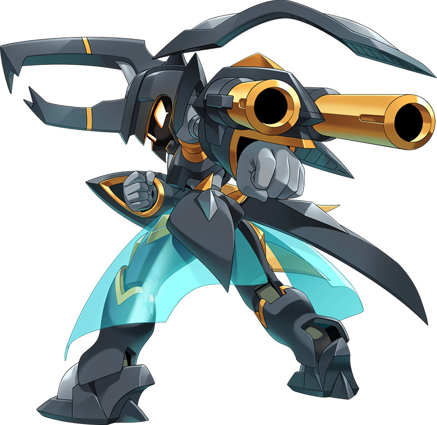 armor, artist_request, black_cruz, full_body, highres, medarot, official_art, robot, simple_background, solo, weapon