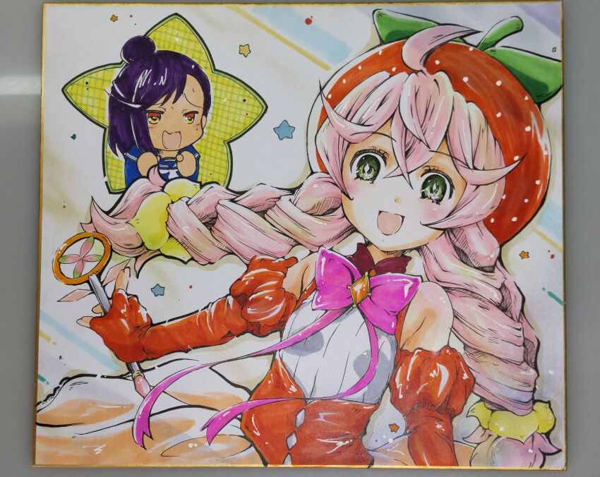 2girls, :d, acro_trip, ahoge, berry_blossom, bow, braid, breasts