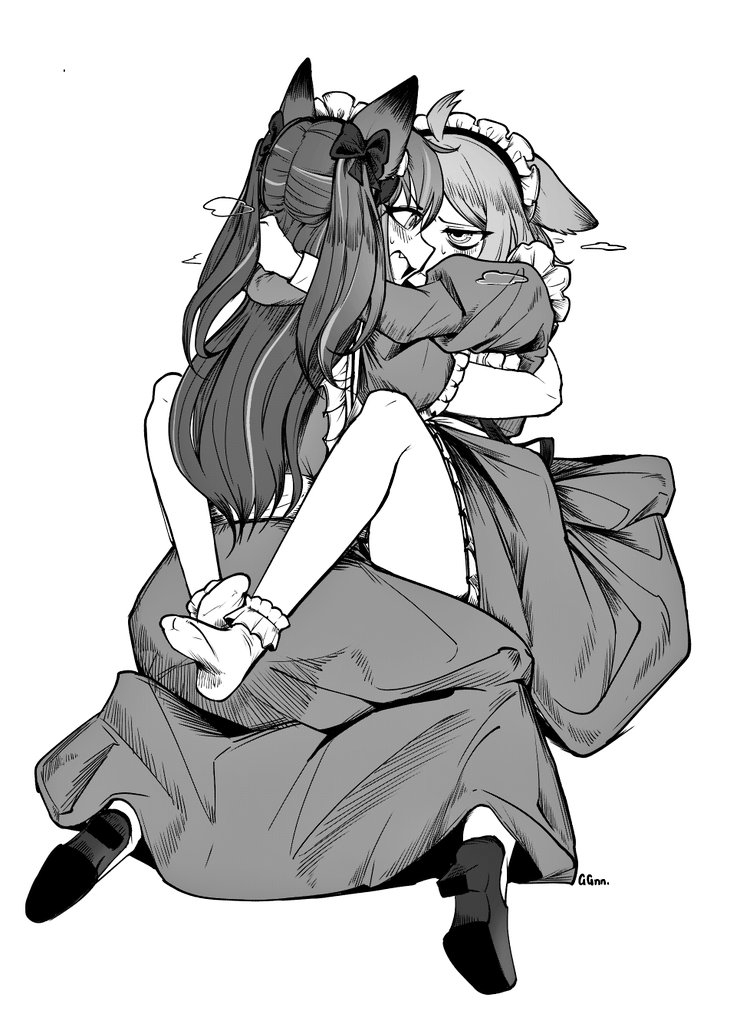 2girls, ahoge, akoya_matama, anemo_nemo, animal_ears, apron, arm_around_another's_waist, arm_around_neck