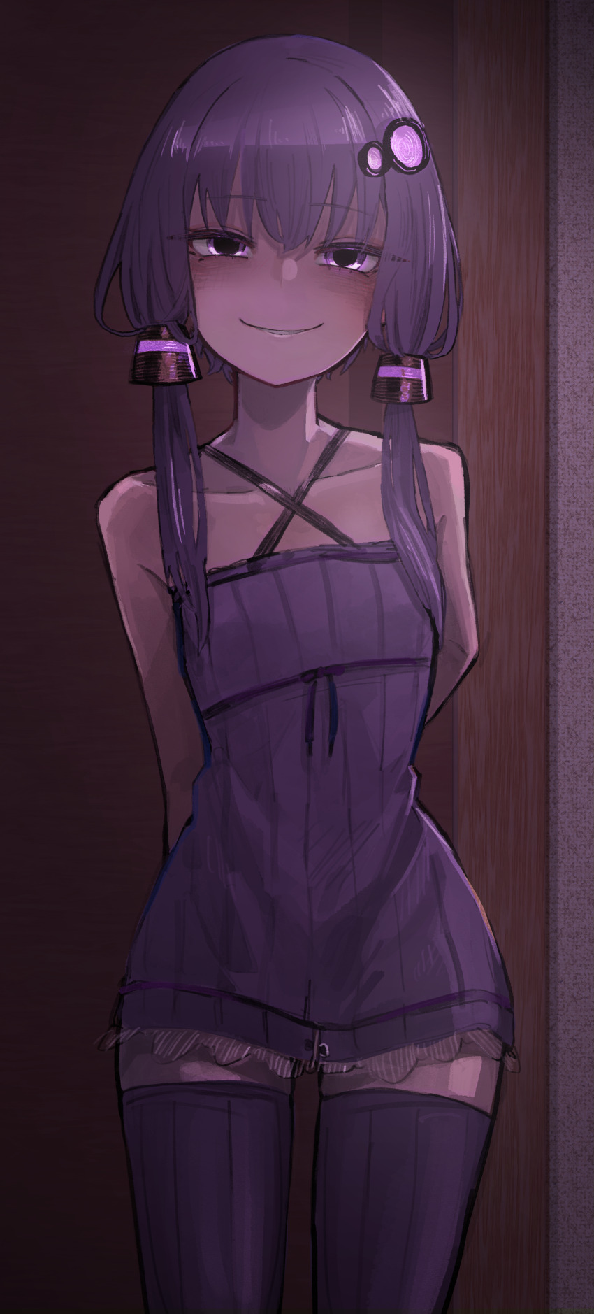 1girl, absurdres, arms_behind_back, commentary, dress, highres, indoors, looking_at_viewer