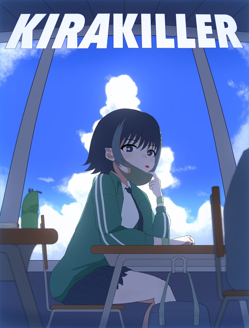 1girl, :p, bag, black_necktie, black_skirt, blue_eyes, blue_hair, blue_sky, chair, classroom, cloud, cloudy_sky, green_jacket, highres, jacket, kira_killer_(zutomayo), maguro_(magu_rodesu), mask, mouth_mask, multicolored_hair, necktie, nira-chan, nira-chan_(kira_killer)_(zutomayo), on_chair, school_bag, school_uniform, shirt, skirt, sky, song_name, tongue, tongue_out, two-tone_hair, white_shirt, window, wristband, zutto_mayonaka_de_ii_no_ni