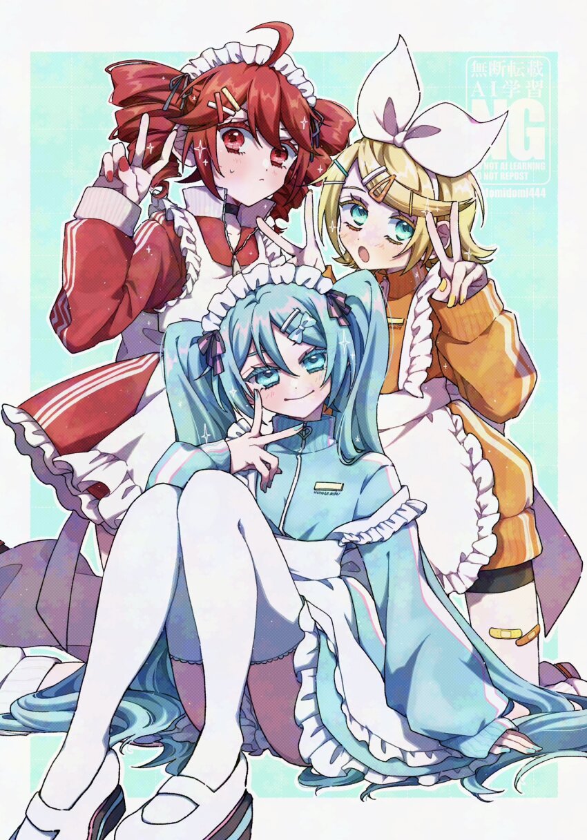 3girls, ahoge, alternate_costume, apron, aqua_background, aqua_bow, aqua_eyes, aqua_hair