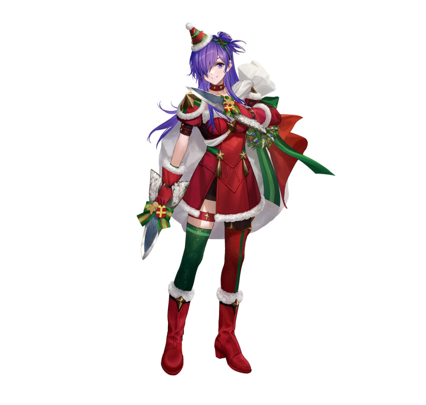 1girl, alternate_costume, asymmetrical_legwear, boots, breasts, christmas, dress, female_focus