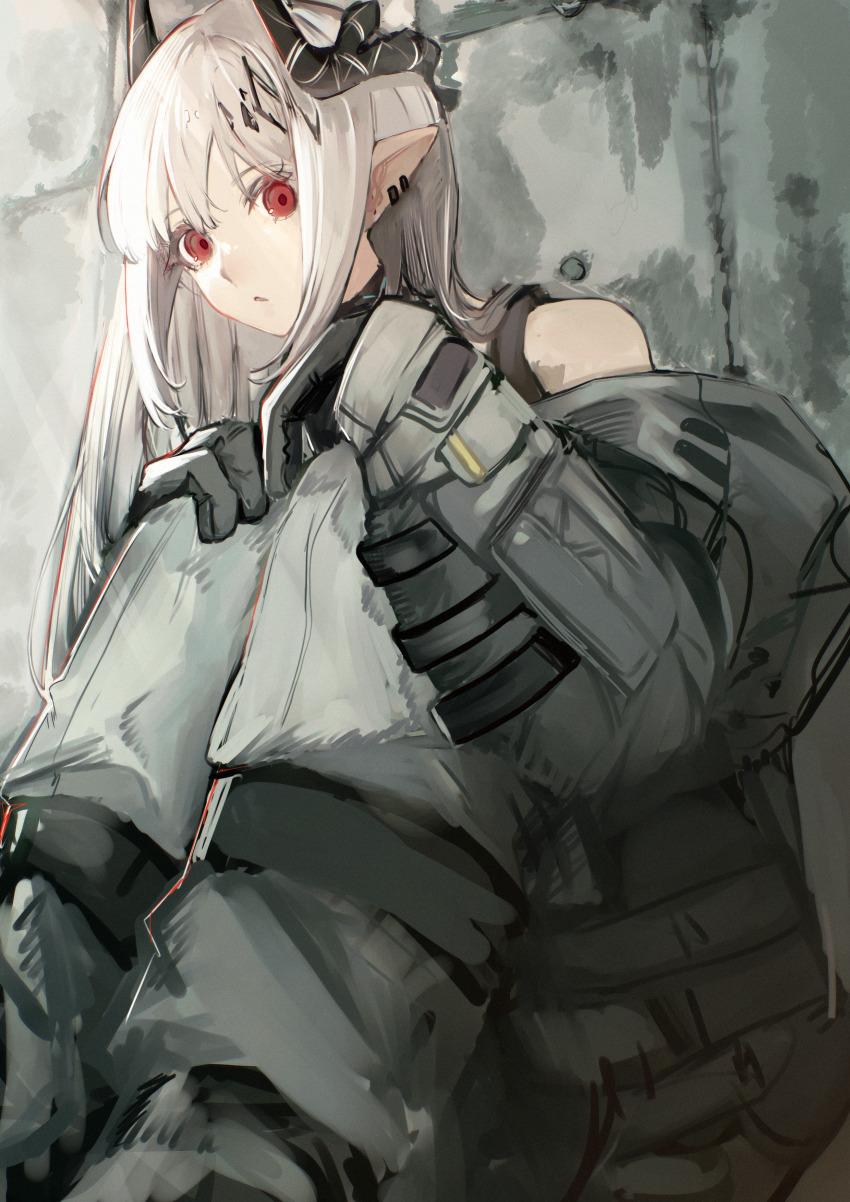 1girl, absurdres, arknights, bare_shoulders, black_gloves, black_horns, ear_piercing, expressionless