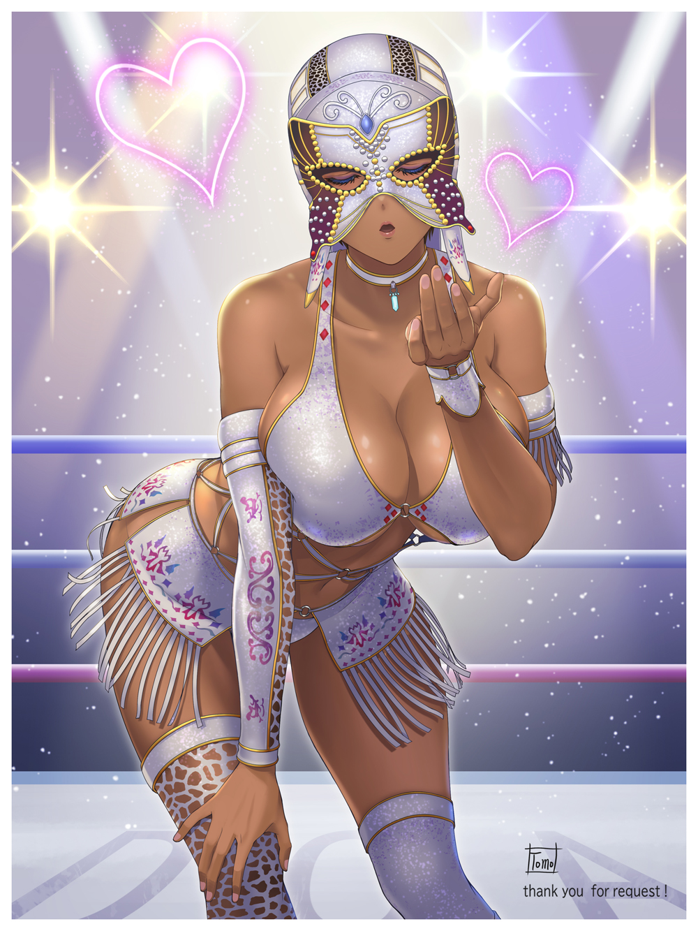 bikini, bikini_top_only, blowing_kiss, bow, breasts, butterfly_mask, choker, cleavage, closed_eyes, dark-skinned_female, dark_skin, dead_or_alive, dress, female_focus, hand_on_own_knee, highres, la_mariposa_(doa), large_breasts, lisa_hamilton, luchador_mask, mask, solo, swimsuit, thighhighs, tomo_eokaiteru, white_bikini, white_dress, white_thighhighs, wrestling_outfit, wrestling_ring