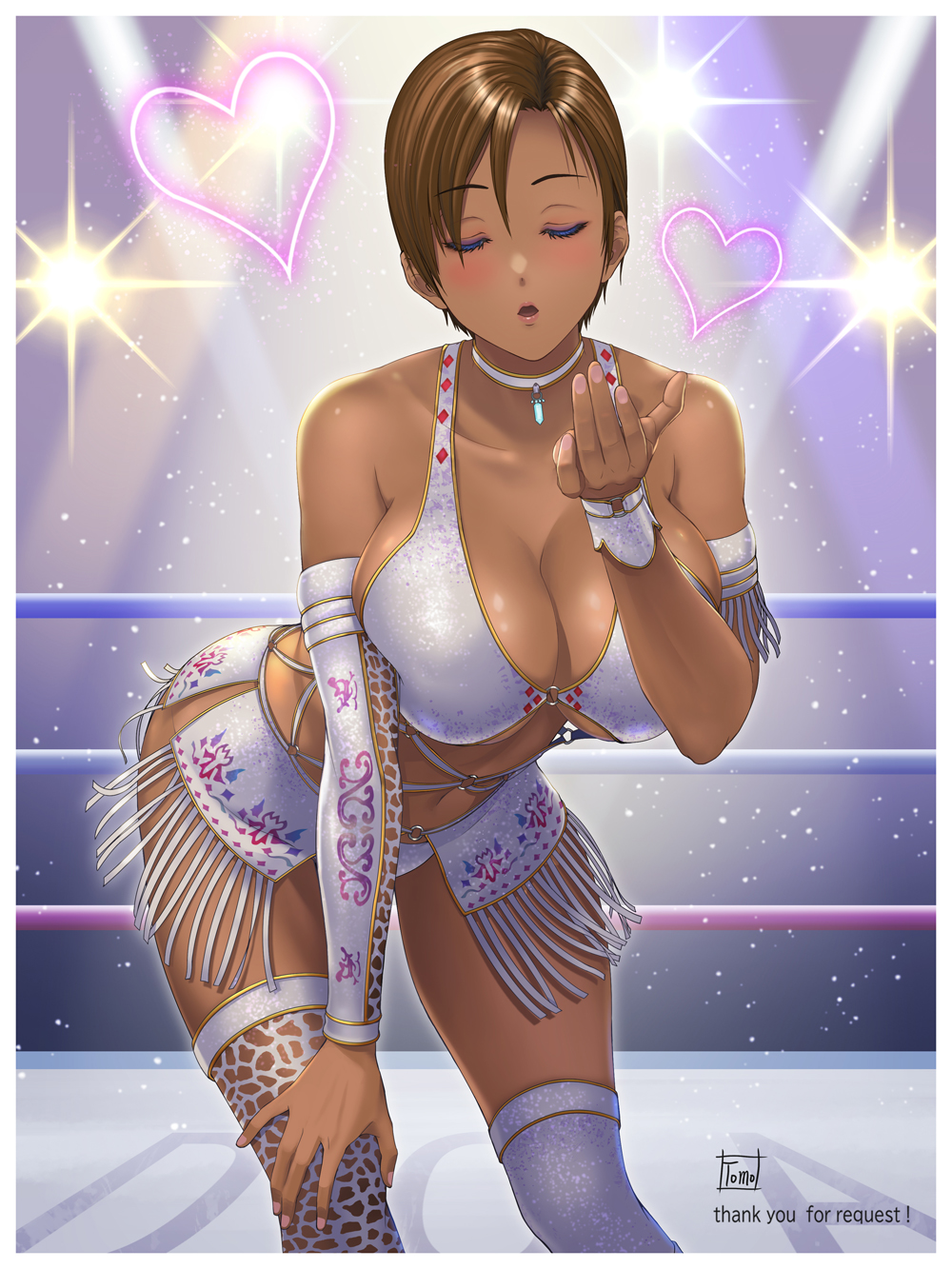 bikini, bikini_top_only, blowing_kiss, bow, breasts, brown_hair, choker, cleavage, closed_eyes, dark-skinned_female, dark_skin, dead_or_alive, dress, hand_on_own_knee, highres, la_mariposa_(doa), large_breasts, lisa_hamilton, short_hair, swimsuit, thighhighs, tomo_eokaiteru, white_bikini, white_dress, white_thighhighs, wrestling_outfit, wrestling_ring