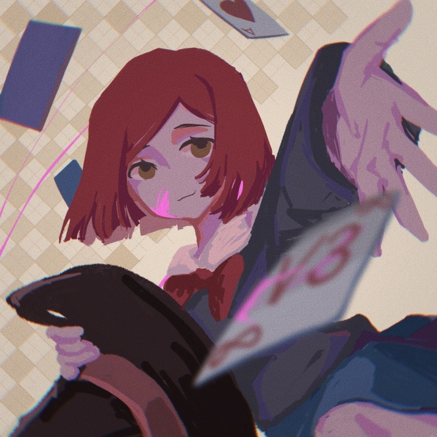 1girl, :3, ace_(playing_card), ace_of_hearts, argyle_background, belt, black_hat, blood