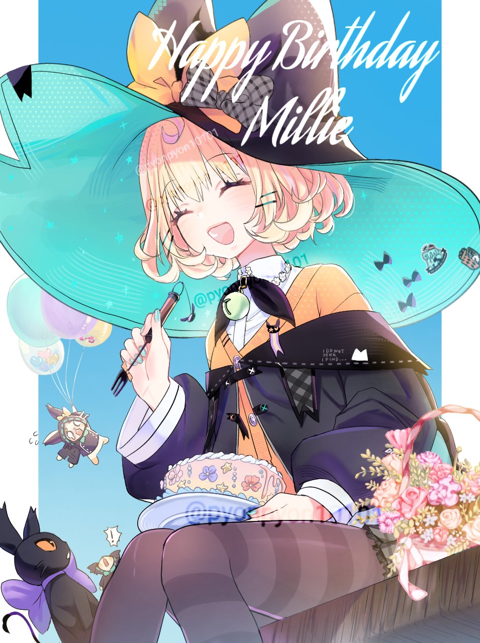 !, 1girl, :d, aqua_nails, asymmetrical_legwear, balloon, bell, birthday_cake