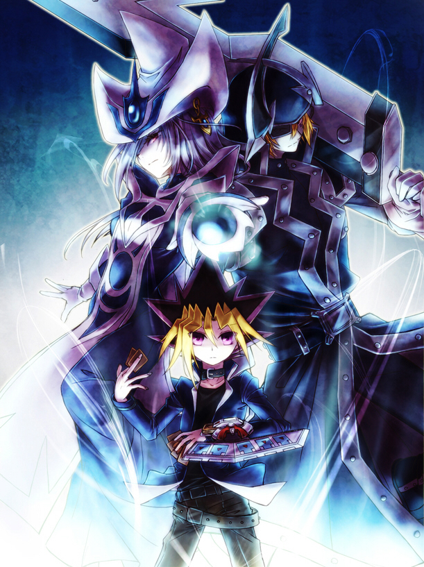 1girl, 2boys, black_choker, blonde_hair, blue_dress, blue_jacket, card, choker