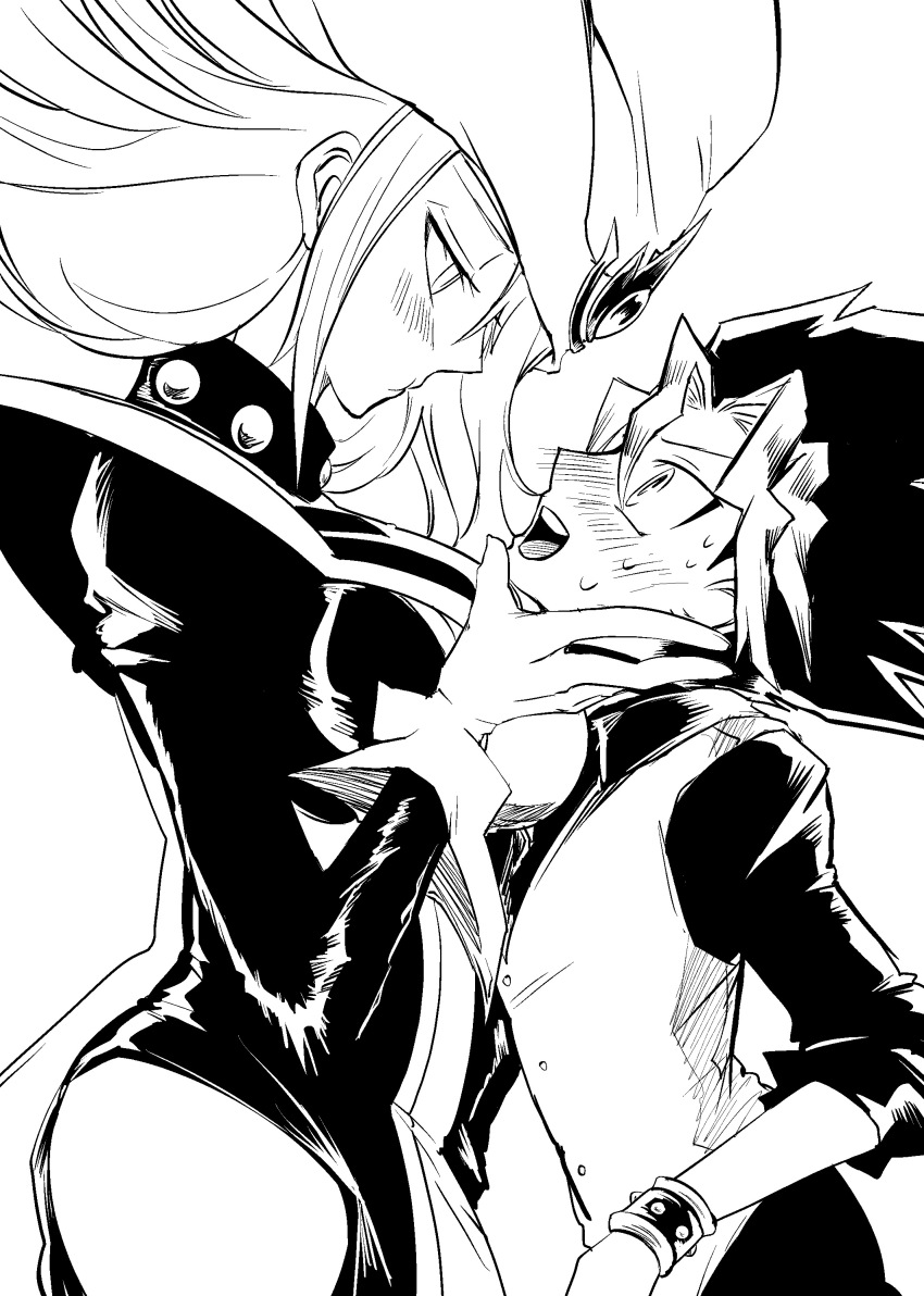 1boy, 1girl, absurdres, black_shirt, blush, clothing_cutout, dress, duel_monster