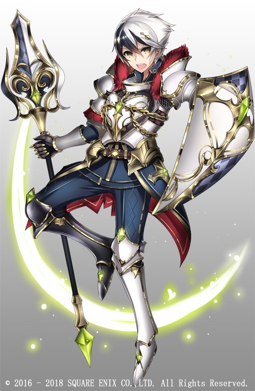 1boy, armored_boots, black_hair, boots, chain, copyright_notice, gradient_background, grey_background, grimms_notes, heinrich_(grimms_notes), holding, holding_polearm, holding_shield, holding_weapon, male_focus, open_mouth, polearm, shield, short_hair, solo, t-track, teeth, upper_teeth_only, weapon, white_background, white_hair, yellow_eyes