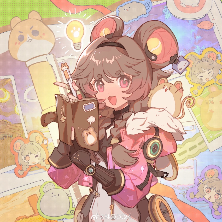 1girl, :d, absurdres, black_gloves, black_hairband, bodysuit, book, brown_hair, chinese_commentary, commentary_request, cowboy_shot, fingerless_gloves, fukurou_(linxiao_2024), fur-trimmed_jacket, fur_trim, gloves, hairband, highres, holding, holding_book, holding_pen, jacket, looking_at_viewer, lumi_(wuthering_waves), medium_hair, nail_polish, open_mouth, pen, pink_jacket, pink_nails, red_eyes, smile, solo, sparkle, thick_eyebrows, watermark, weibo_watermark, white_bodysuit, wuthering_waves