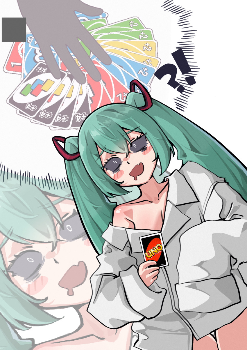 1girl, absurdres, aqua_hair, bags_under_eyes, black_sclera, borrowed_clothes, card, collarbone, collared_shirt, colored_sclera, drooling, eiferqimuyu, fang, hatsune_miku, highres, holding, holding_card, long_hair, long_sleeves, looking_at_viewer, mesugaki, mimukauwa_nice_try_(vocaloid), mouth_drool, multiple_views, naked_shirt, open_mouth, shirt, skin_fang, sleeves_past_wrists, twintails, uno_(game), very_long_hair, vocaloid, white_shirt